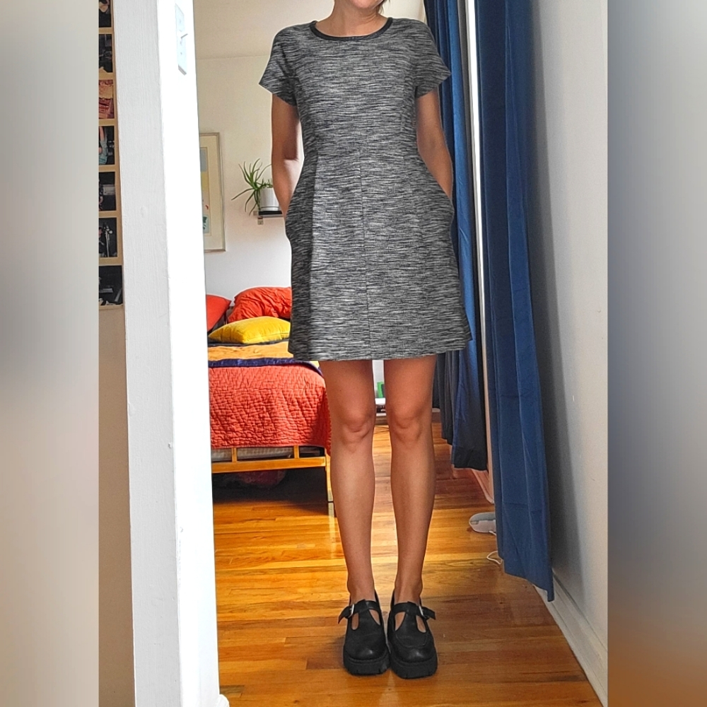 Cute woven work dress with leather trim